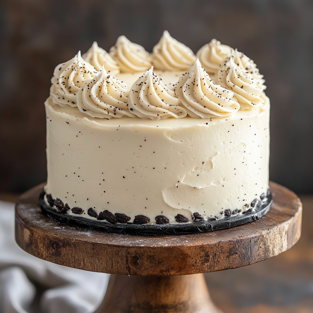 A homemade vanilla bean cake with creamy frosting on a wooden cake stand.