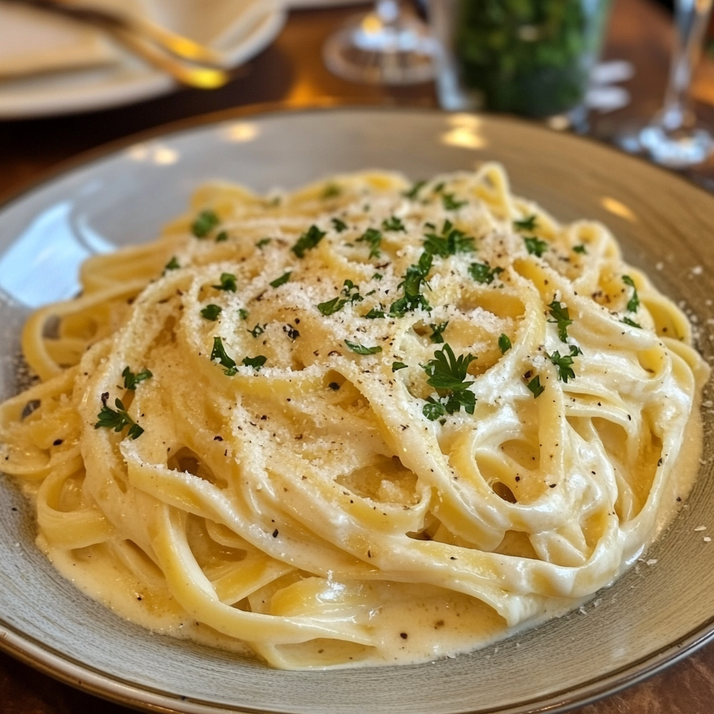 Fettuccine Alfredo with Bertolli Alfredo Sauce, garnished with parsley.