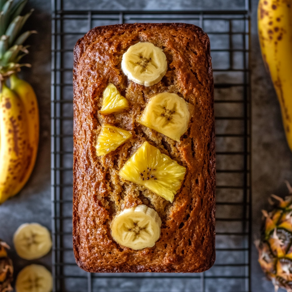 A loaf of banana pineapple bread sliced to reveal its moist interior.