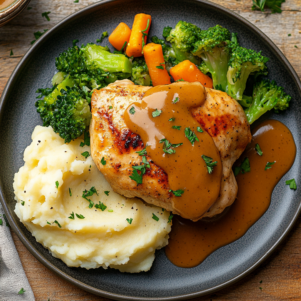 Alice Springs Chicken topped with bacon, cheese, and honey mustard sauce served with a side of mashed potatoes and vegetables.