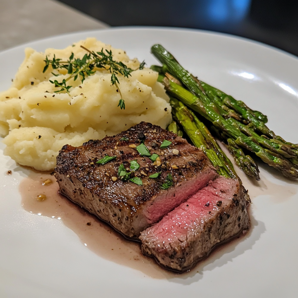 Ribeye steak searing in a cast iron pan with garlic and rosemary