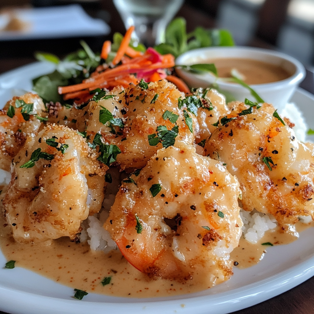 Plated Bang Bang Shrimp garnished with green onions, served with lime wedges and dipping sauce.