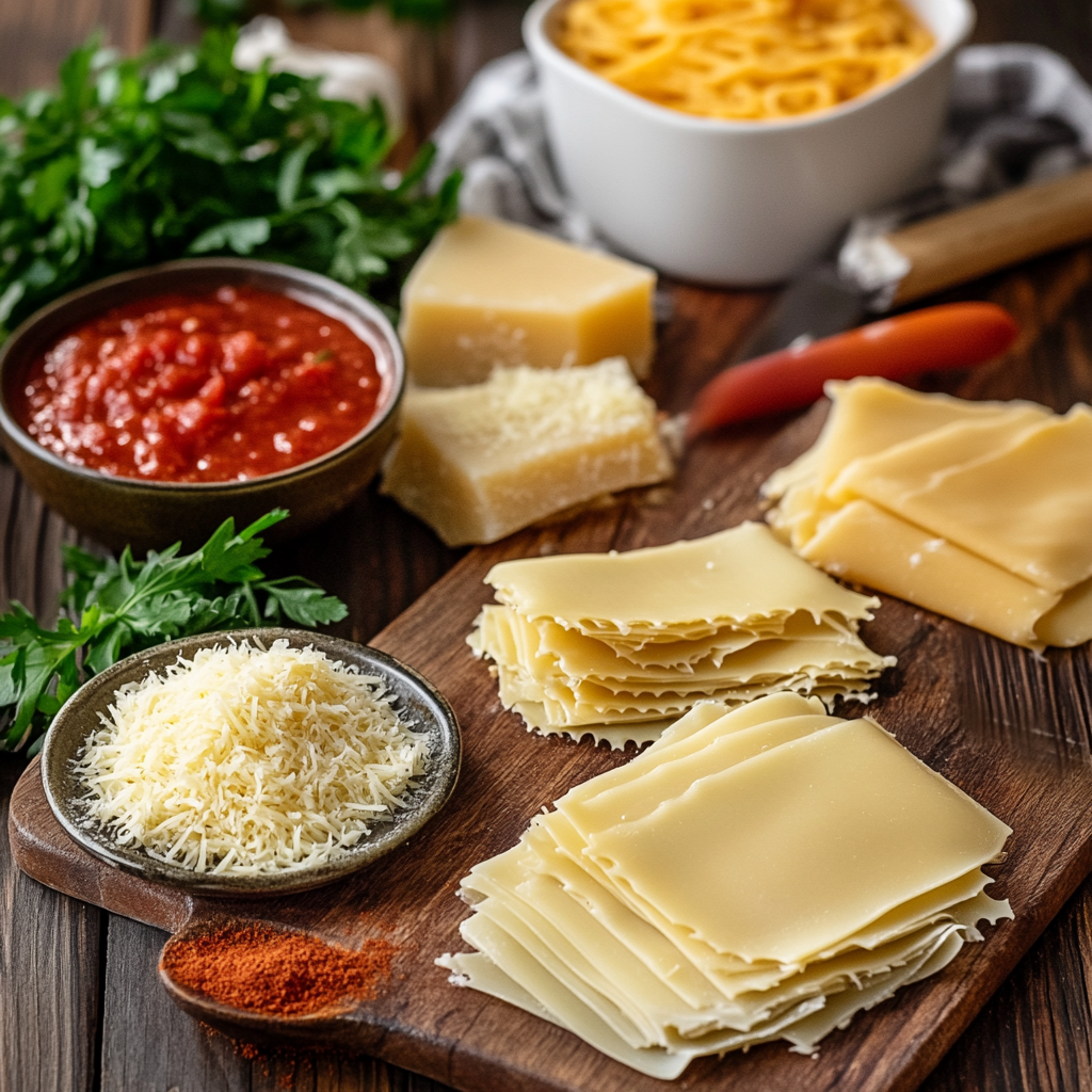 Close-up of fresh ingredients for lasagna, including Barilla lasagna sheets, marinara sauce, grated cheese, and fresh herbs on a wooden countertop.