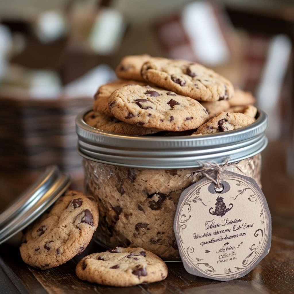 Cookies in an airtight jar or tin with a decorative label.