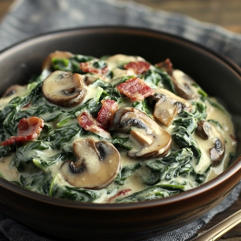 Creamed spinach, bacon, and mushrooms served in a bowl, garnished with parsley and Parmesan