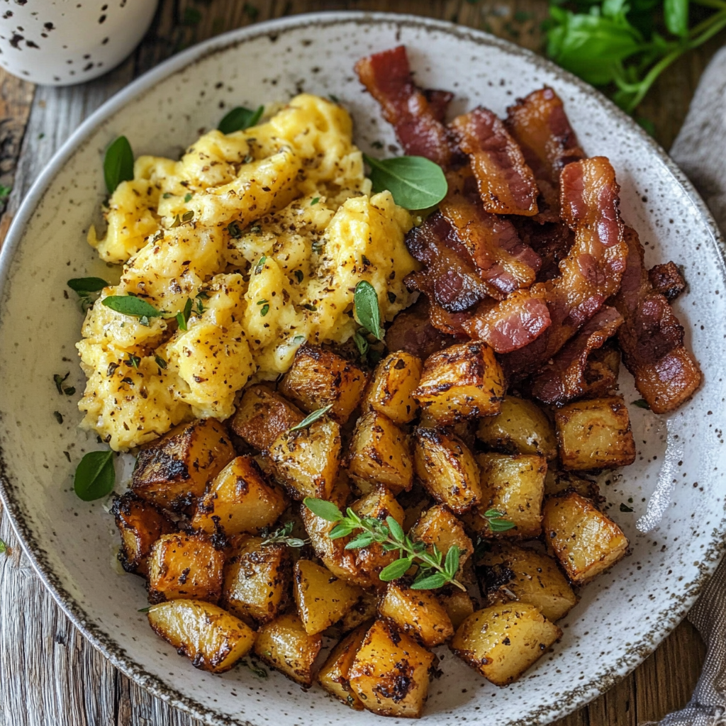 A plate of crispy breakfast potatoes served with eggs and bacon.