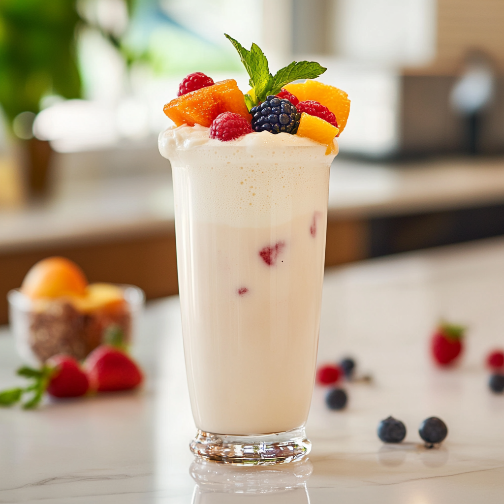 A tall glass of cold yogurt drink with ice, garnished with mint and fruit slices.