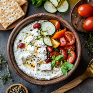 Block of feta cheese on a wooden board with olive oil and oregano