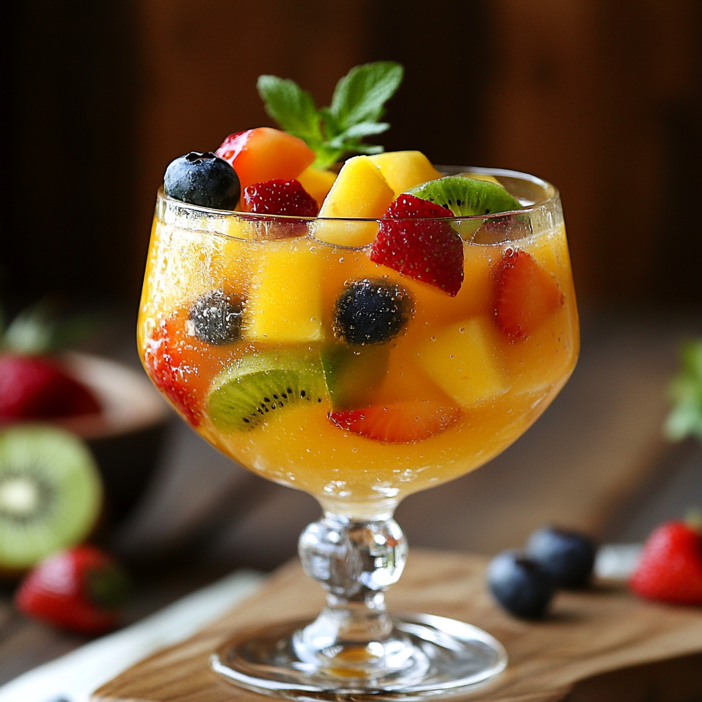 Fresh and colorful fruit cocktail in a glass bowl garnished with mint leaves.