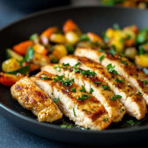 Pan-fried thin-sliced chicken on a skillet with parsley garnish and sautéed vegetables in the background