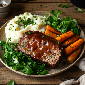 A plated slice of meatloaf with mashed potatoes and roasted vegetables. Title: Serving Perfect Meatloaf