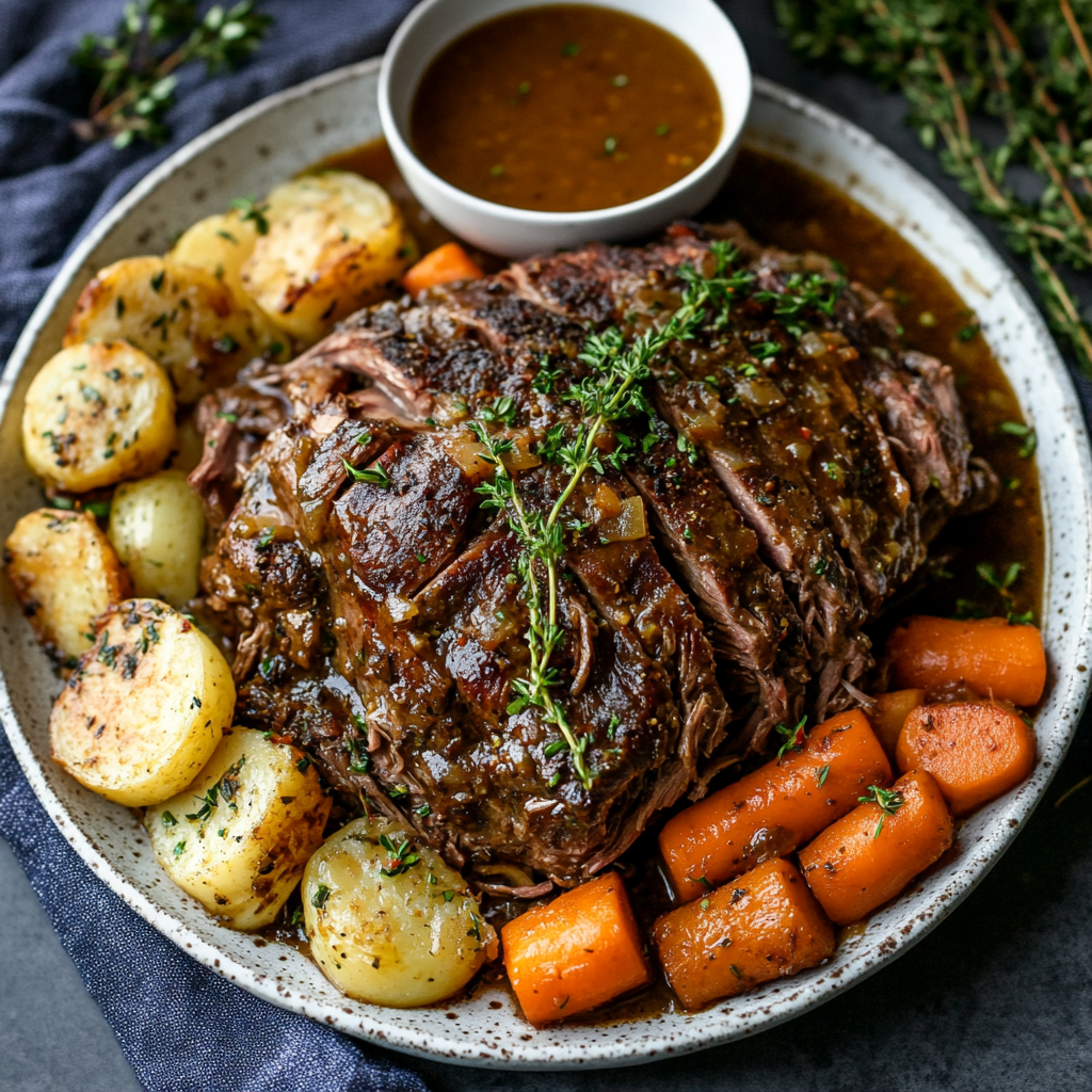 Slow cooker pot roast served on a platter with vegetables and gravy.