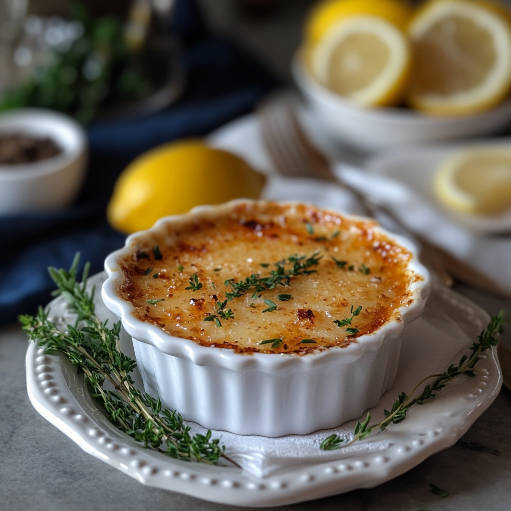 Crab Brulee with a caramelized top garnished with herbs and lemon slices.