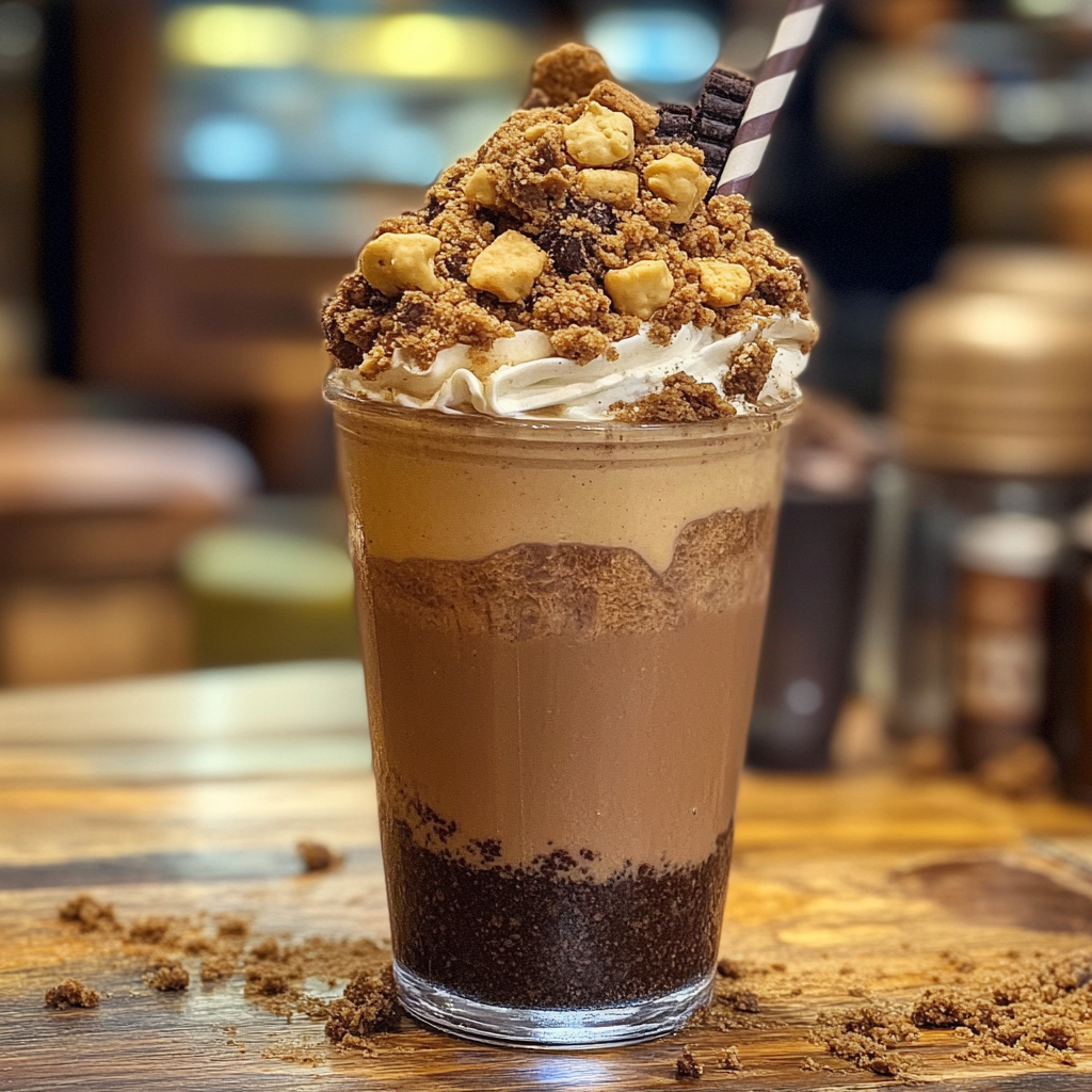 Mocha Cookie Crumble Frappuccino topped with whipped cream and cookie crumbles.