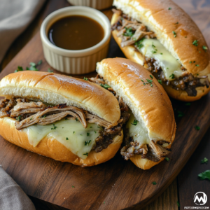 Crockpot French Dip Sandwiches with melted cheese and au jus dipping sauce.