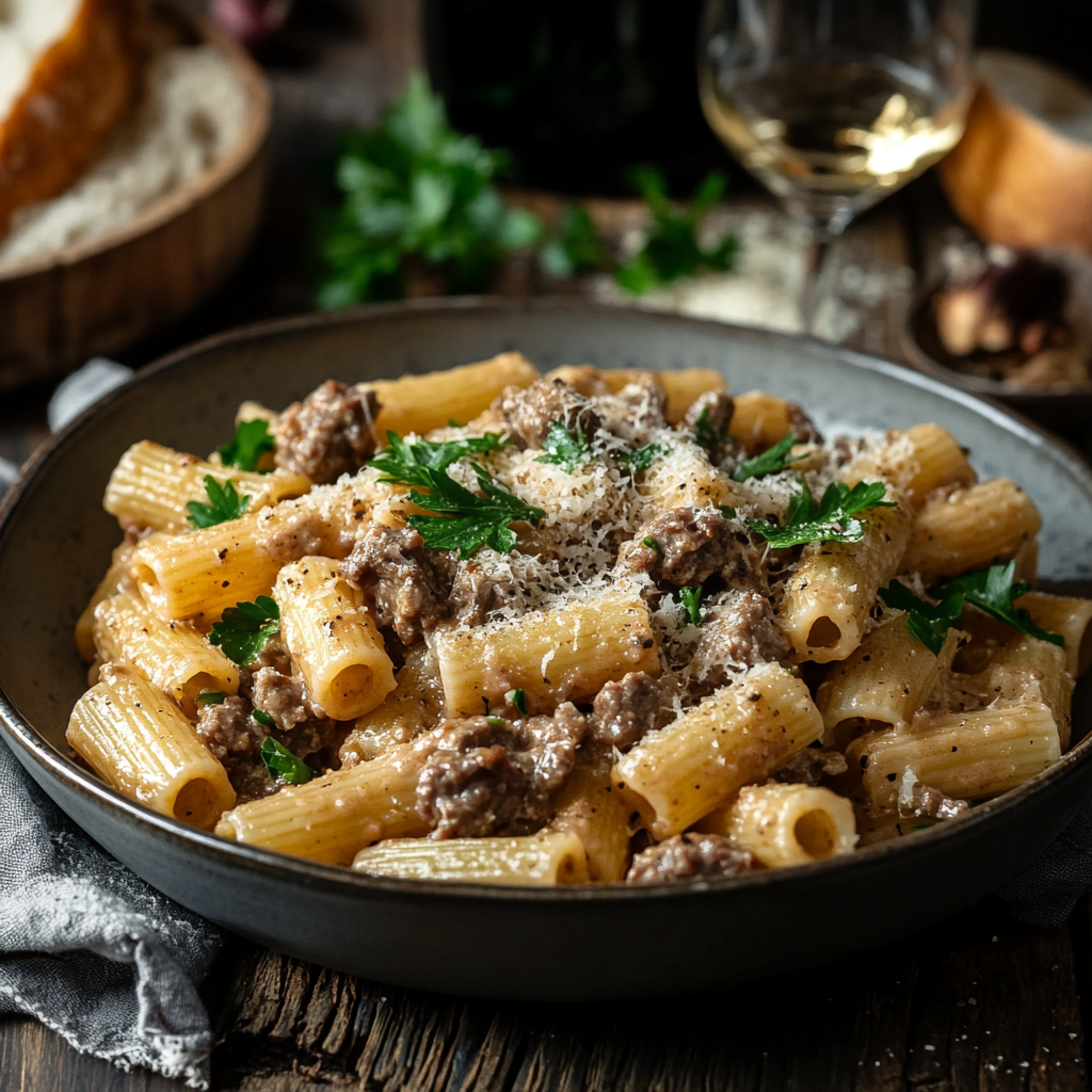 A plate of Creamy Parmesan Beef with Rigatoni Pasta garnished with parsley.