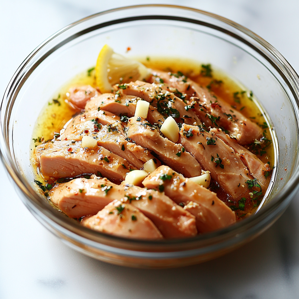 Thin-sliced chicken marinating in a glass bowl with olive oil, lemon juice, garlic, and herbs