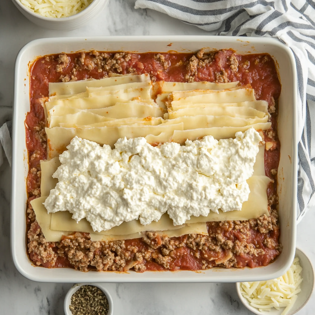 Step-by-step image showing the layering process with Barilla lasagna sheets, meat sauce, ricotta mixture, and mozzarella cheese in a baking dish