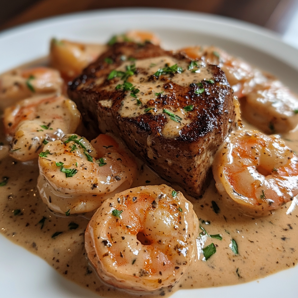 Steak in Creamy Cajun Shrimp Sauce served on a plate with parsley garnish and lemon wedges.