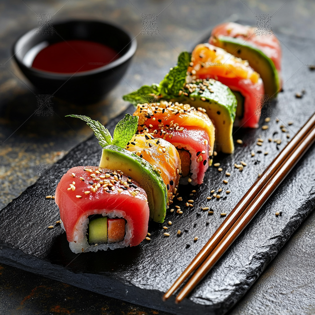 Platter of sushi rolls with tuna, avocado, and salmon on a wooden tray