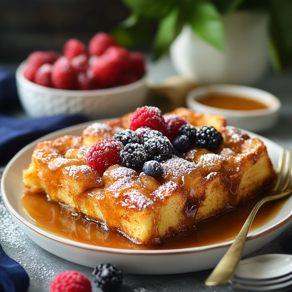 Golden baked caramel French toast served with caramel drizzle, powdered sugar, and fresh berries