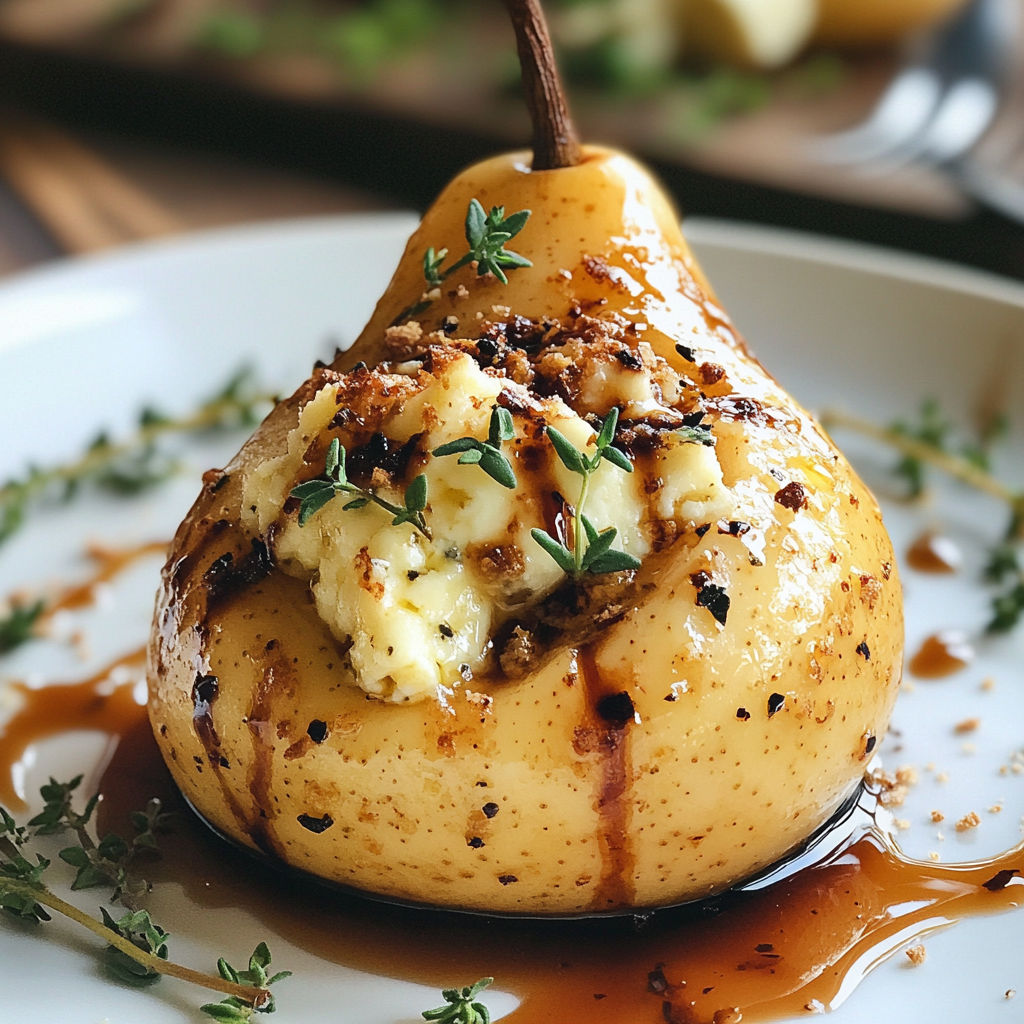 Baked Blue Cheese Stuffed Pears garnished with honey drizzle, thyme, and balsamic glaze