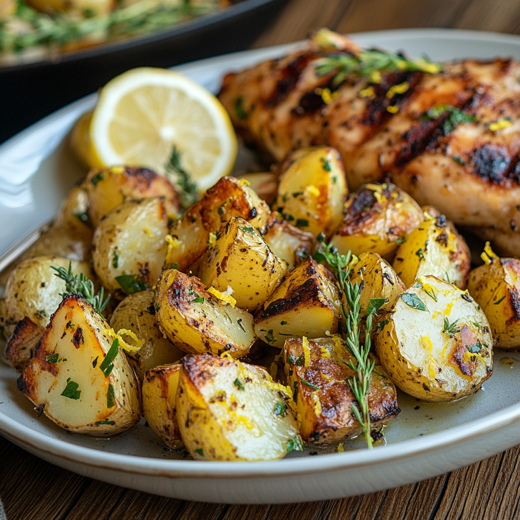 Plated Lemon-Feta Roasted Potatoes with grilled chicken and a side salad.