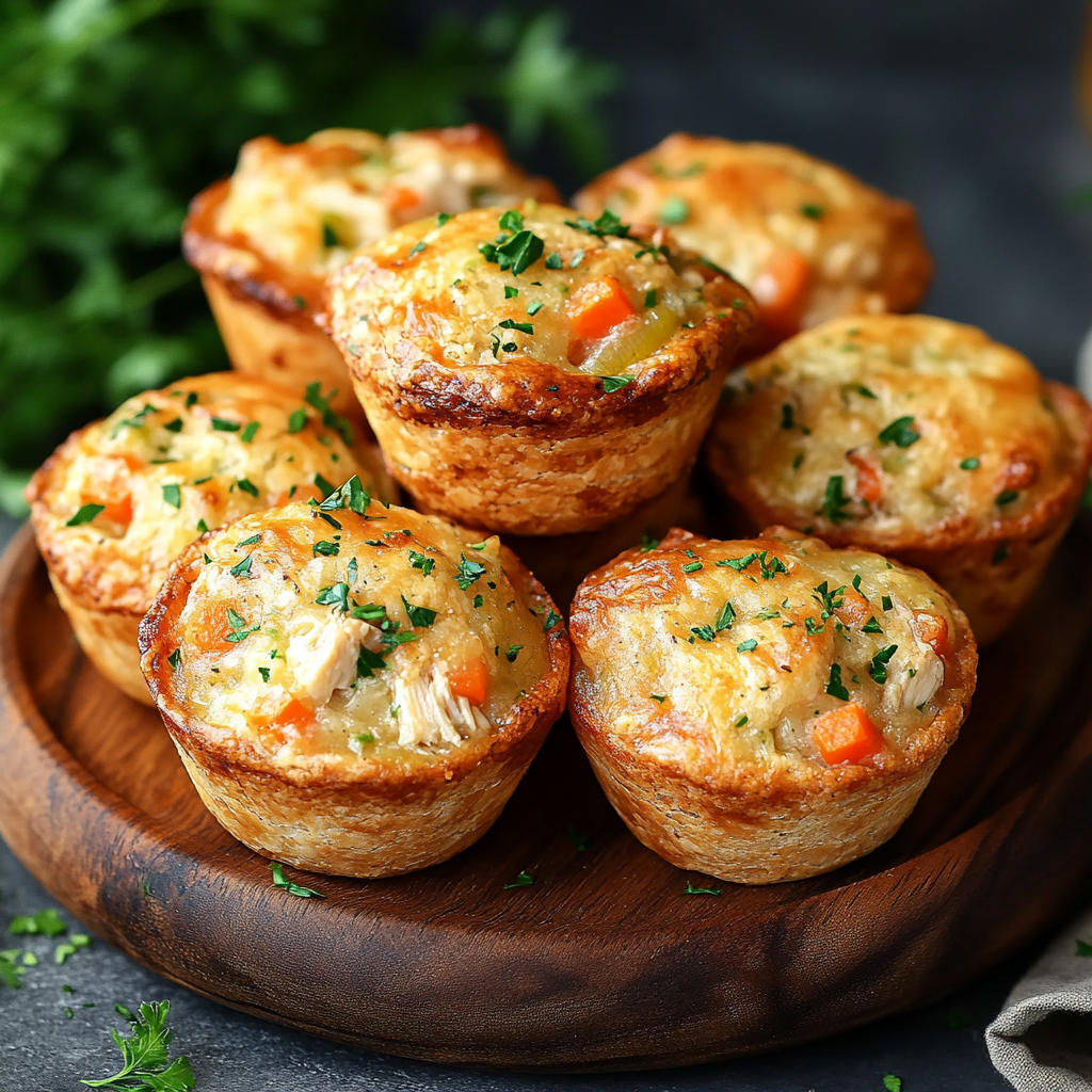 Chicken Pot Pie Muffins with golden crust and creamy chicken filling garnished with fresh parsley.