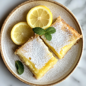 Zesty sourdough lemon bars dusted with powdered sugar, garnished with lemon slices and fresh mint