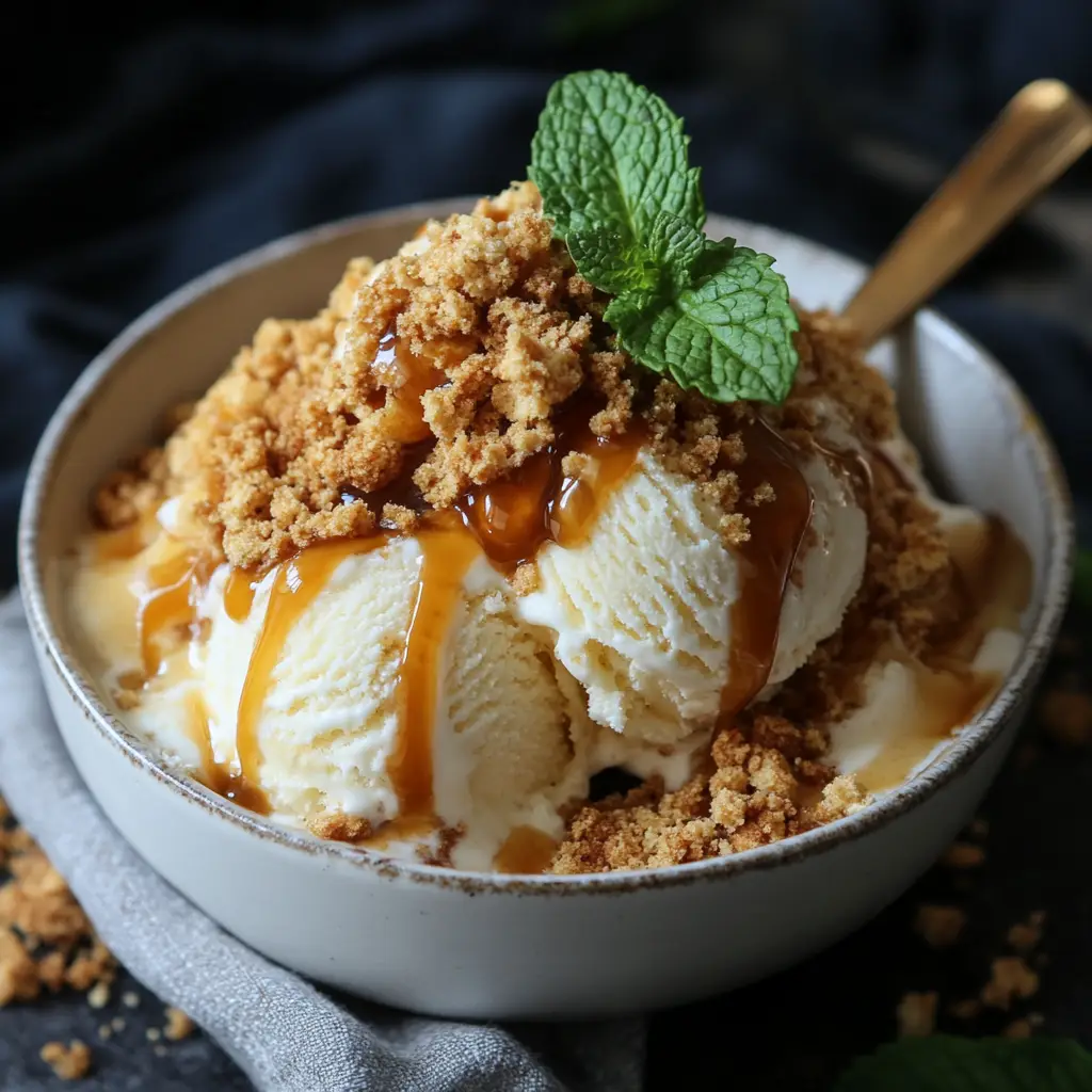 Vanilla ice cream topped with cookie crumble, caramel drizzle, and mint.