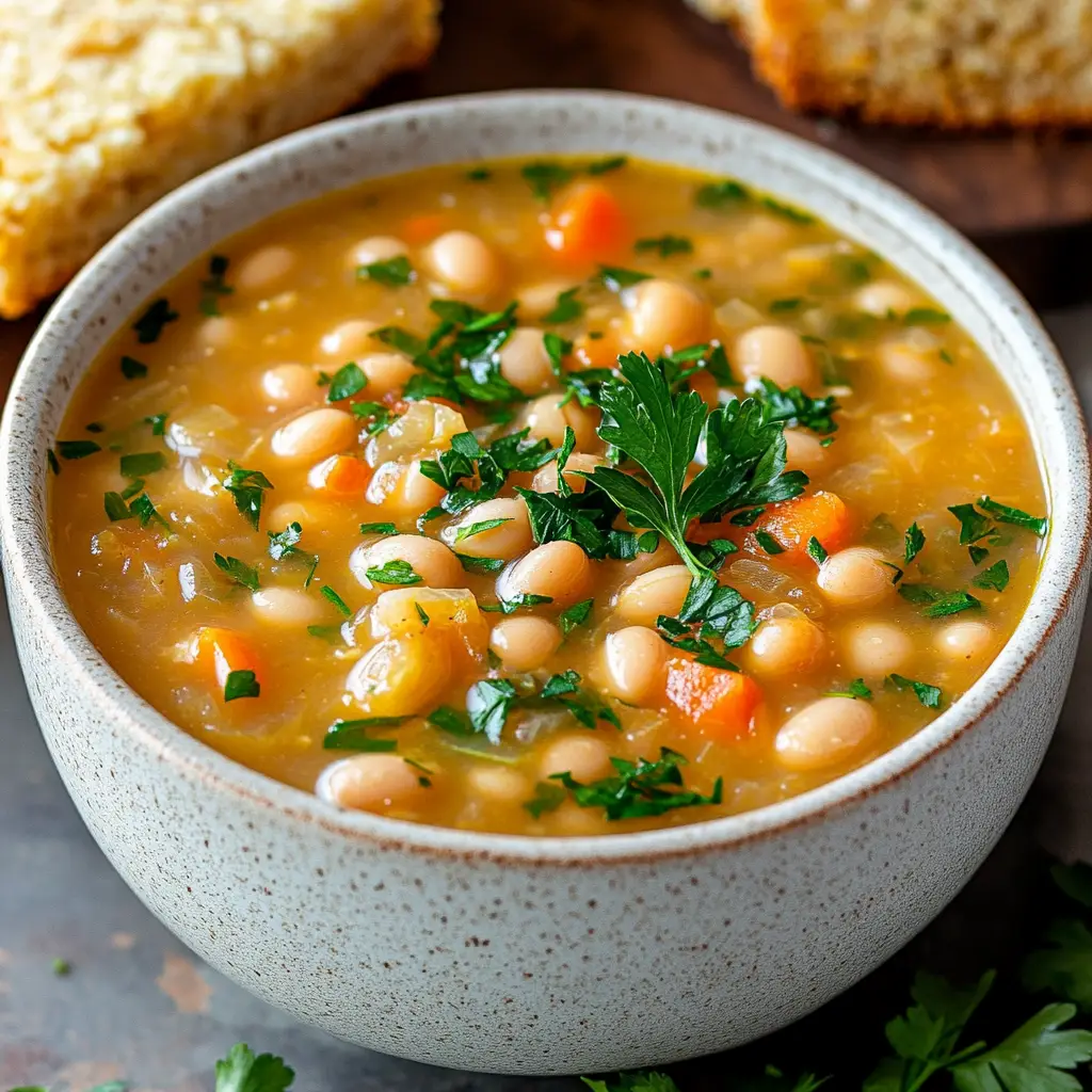 Classic navy bean soup served in a rustic bowl with fresh parsley garnish and a side of cornbread
