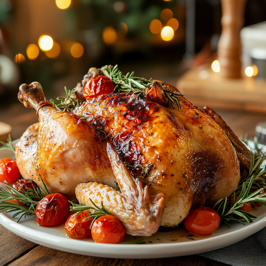 Sliced injected turkey on a festive platter with roasted vegetables and citrus slices