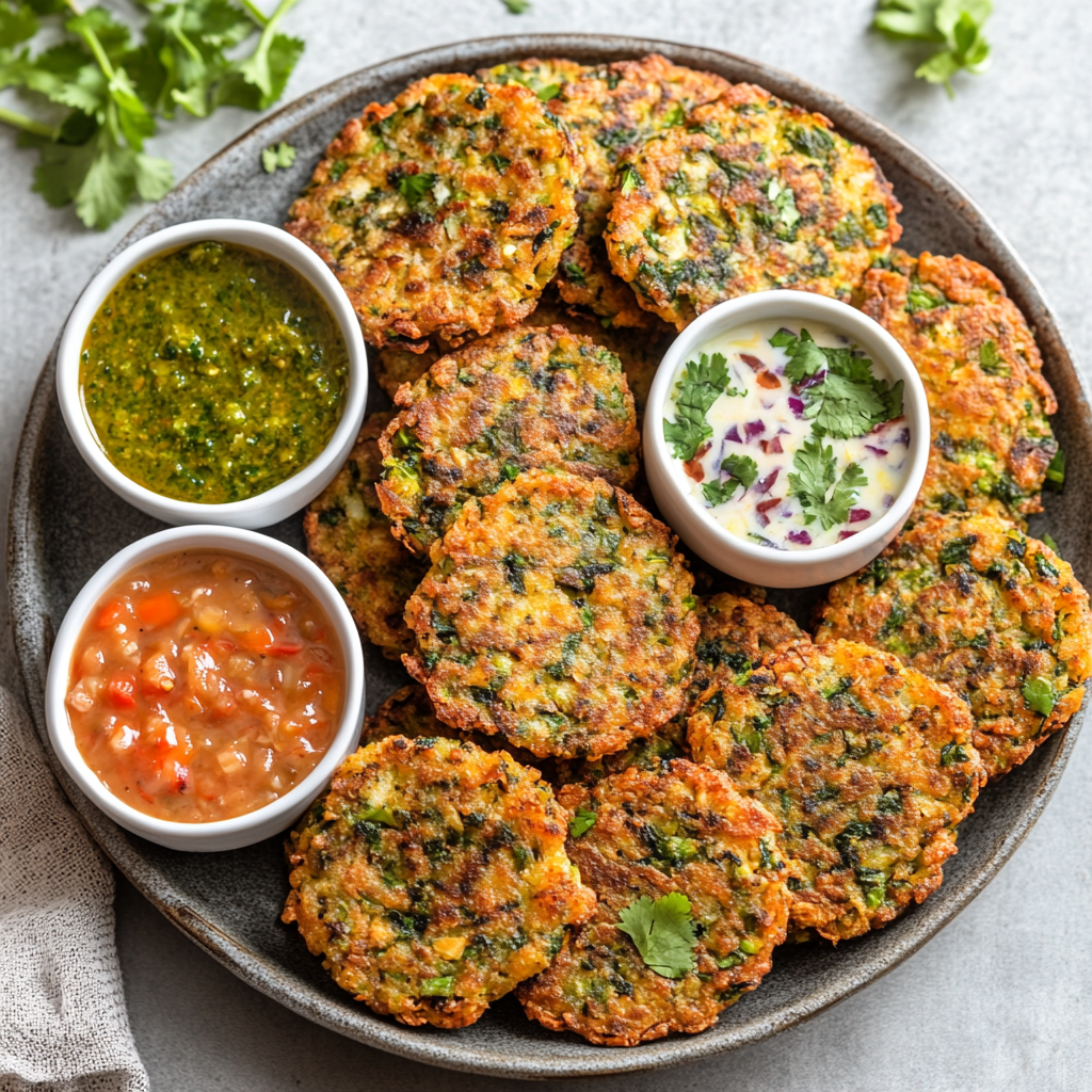 Veg Peel Fritters served on a platter with dips and garnishes