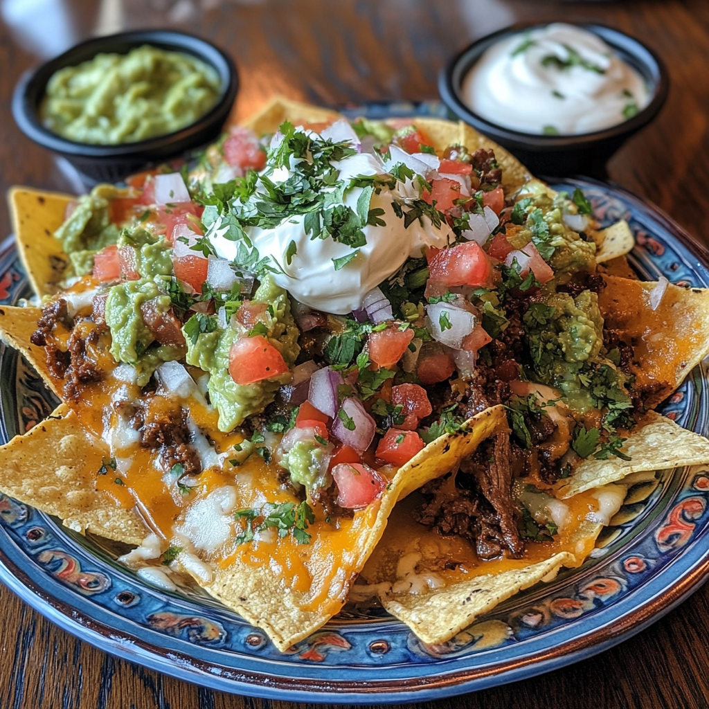 Beef Nachos served on a plate with guacamole, salsa, and sour cream.