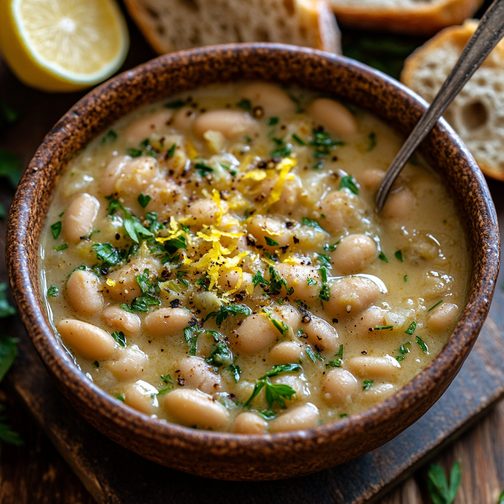 Tuscan White Bean Dish served in a bowl with parsley garnish and crusty bread