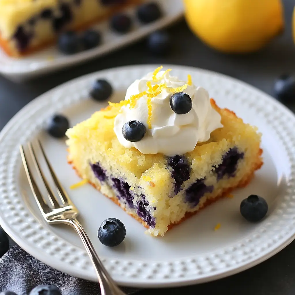 Lemon-Blueberry Yogurt Cake garnished with fresh blueberries and lemon slices.