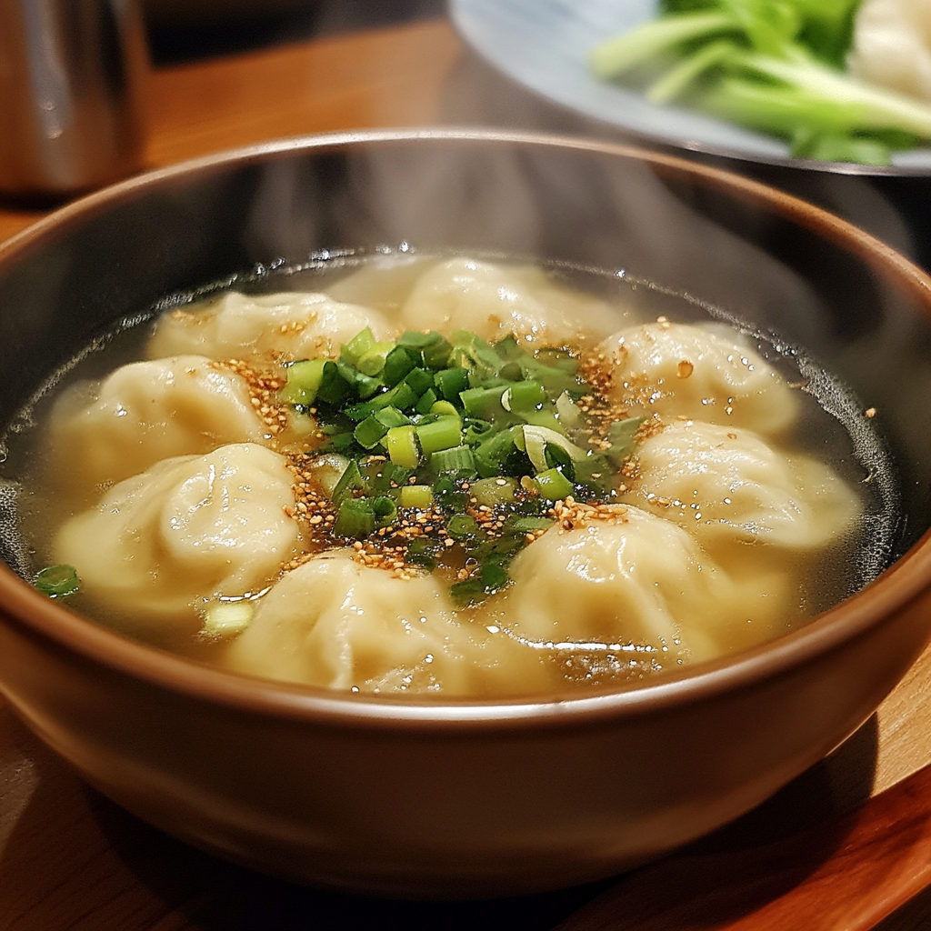 A steaming bowl of Wonton Soup with dumplings, bok choy, and scallions."