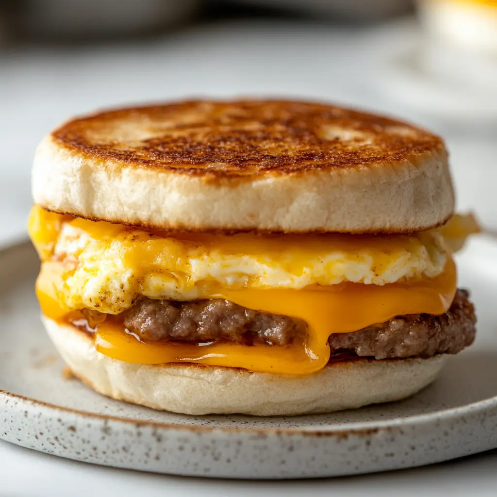 Jimmy Dean breakfast sandwich with sausage, egg, and cheese on a toasted English muffin, served with fresh fruit.
