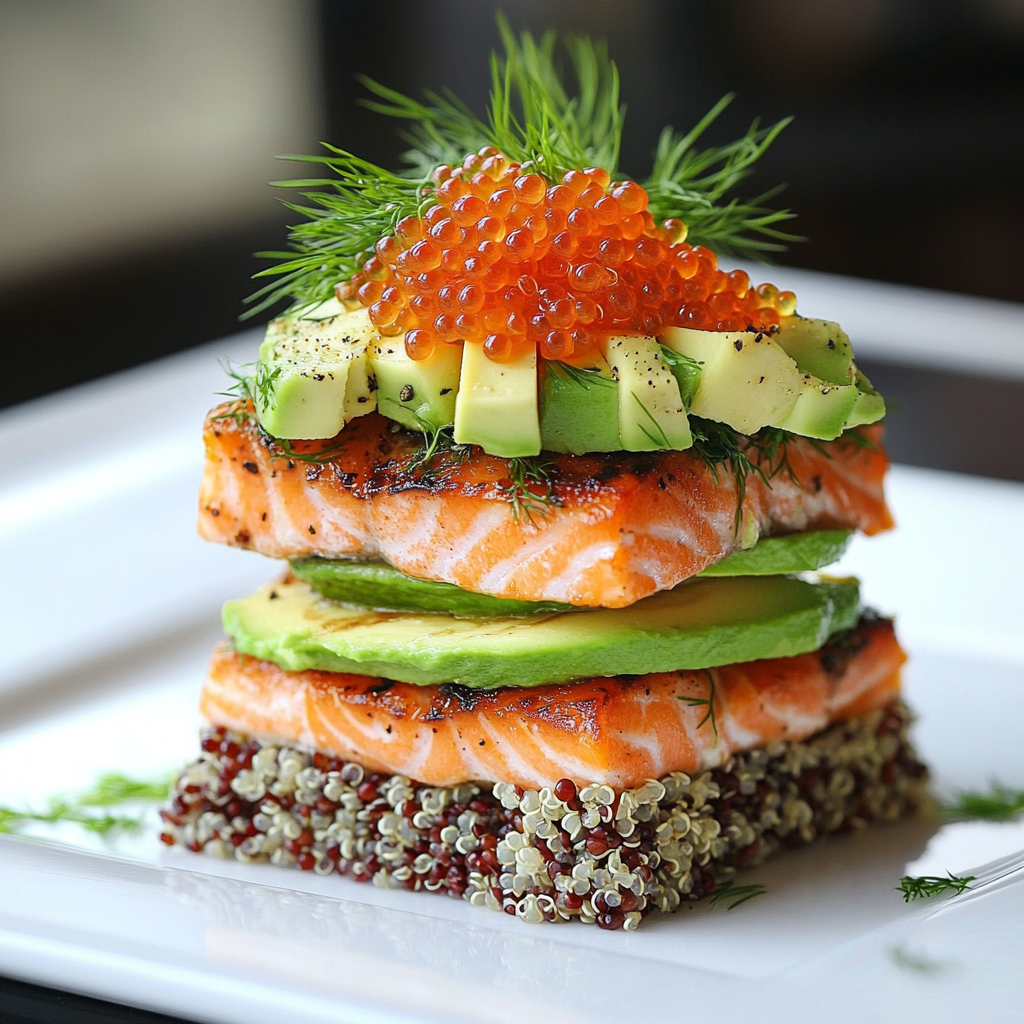 Grilled Salmon & Quinoa Stack plated with layers of salmon, quinoa, and avocado cream