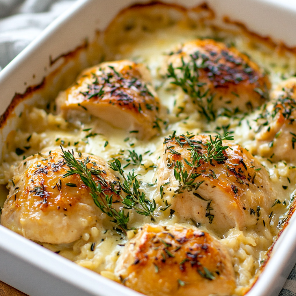 Angel Chicken Rice casserole topped with creamy sauce and fresh herbs.