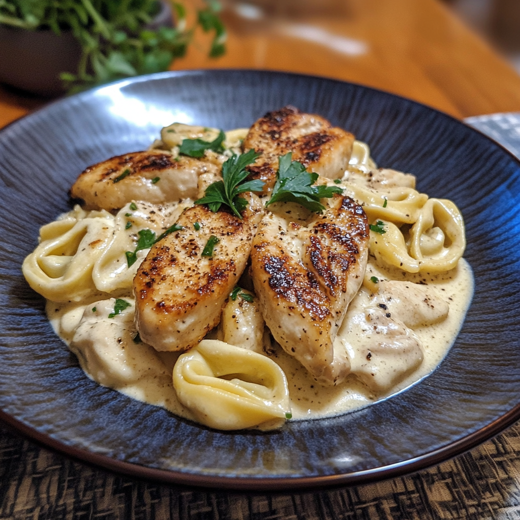 A serving of Asiago Tortellini Alfredo topped with grilled chicken and parsley, served with garlic bread