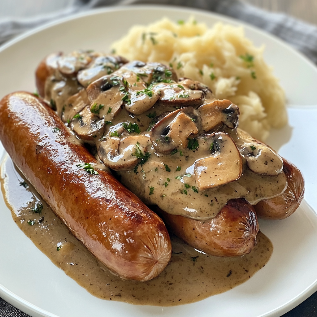 Bratwurst with Mushroom Gravy served over mashed potatoes with parsley garnish.