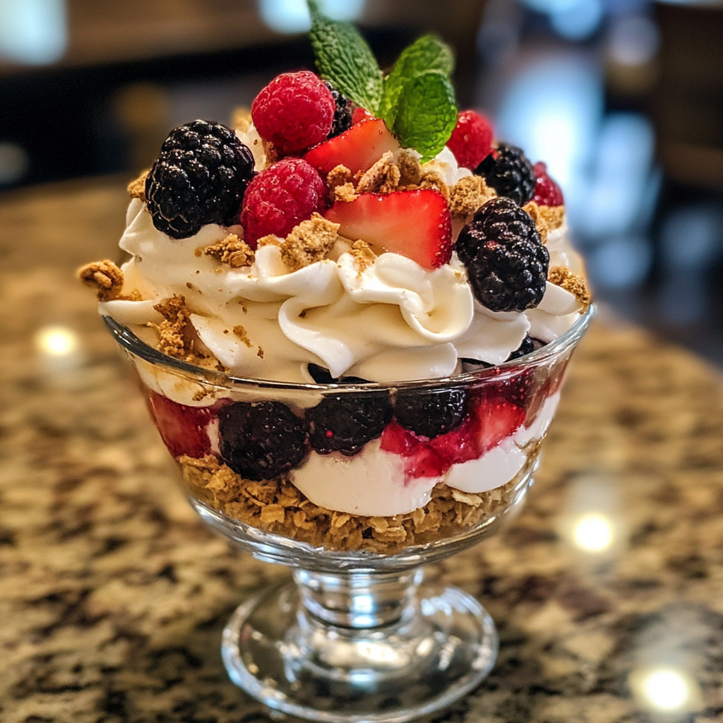 Berry parfait in a glass with layers of yogurt, fresh berries, granola, and honey