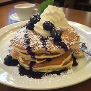 Stack of fluffy blueberry pancakes drizzled with maple syrup and topped with fresh blueberries.