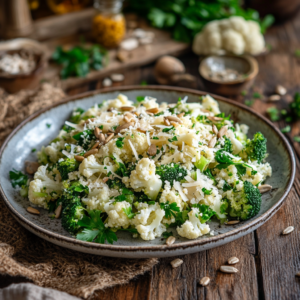 Broccoli Cauliflower Salad garnished with cheese and seeds on a rustic table