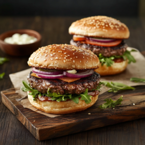 Bubba Burger served with fries, ketchup, and a pickle spear on a wooden board