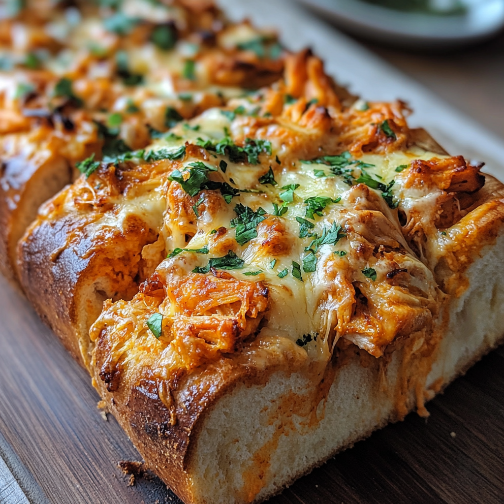 Golden baked Buffalo Chicken Garbage Bread sliced to reveal filling