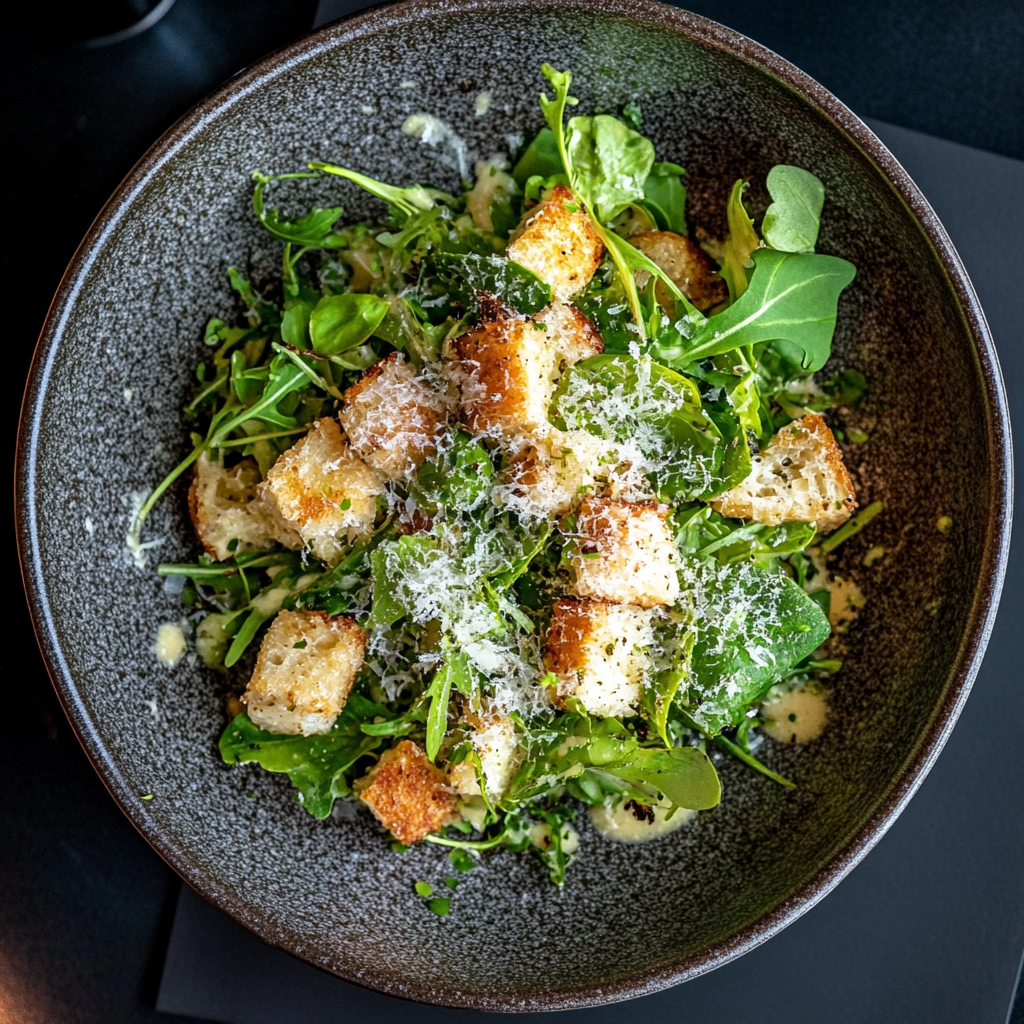 A plated Caesar Salad with lettuce, croutons, and Parmesan cheese, garnished with black pepper