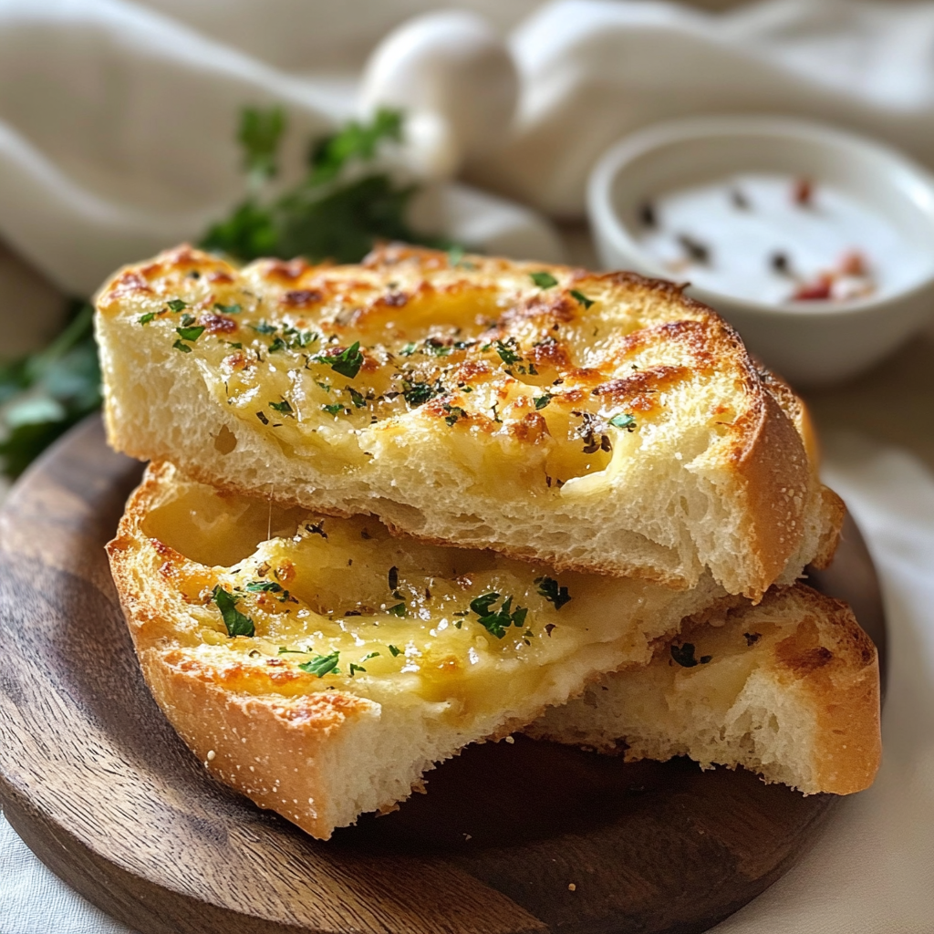 Cheesy Garlic Bread topped with melted cheese and parsley served on a wooden board.