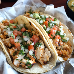 Chicken street tacos plated with fresh toppings and lime wedges.